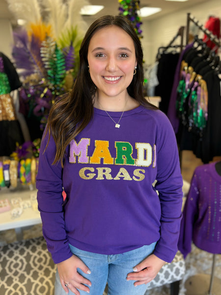 IP8601J-03 Mardi Gras Letter Patches and Glitter Pullover
