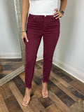 Wine Frayed Hem Skinny Jean - Risen