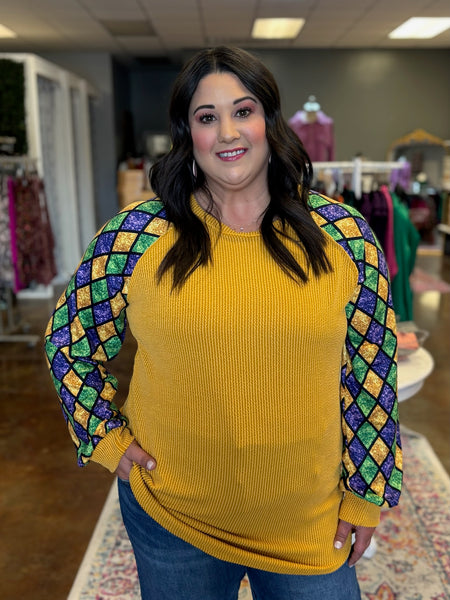 Contrast Sleeve Mardi Gras Top - Plus