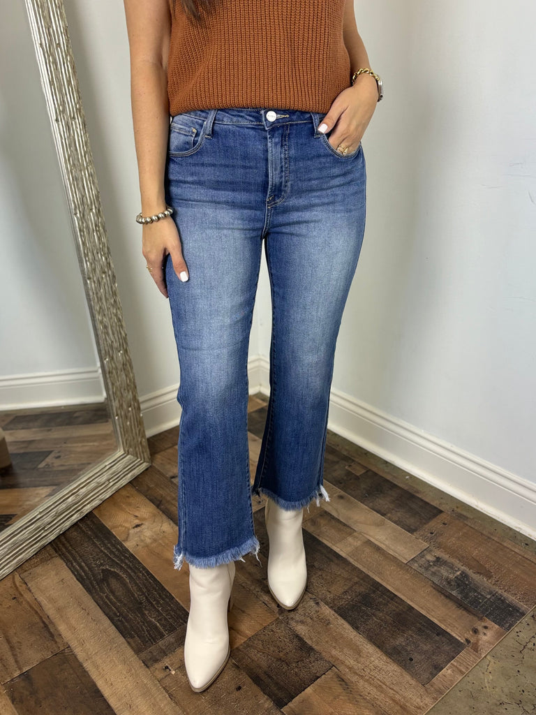 Harper High Rise Medium Wash Crop Flare Jean - Risen