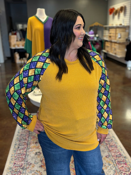 Contrast Sleeve Mardi Gras Top - Plus