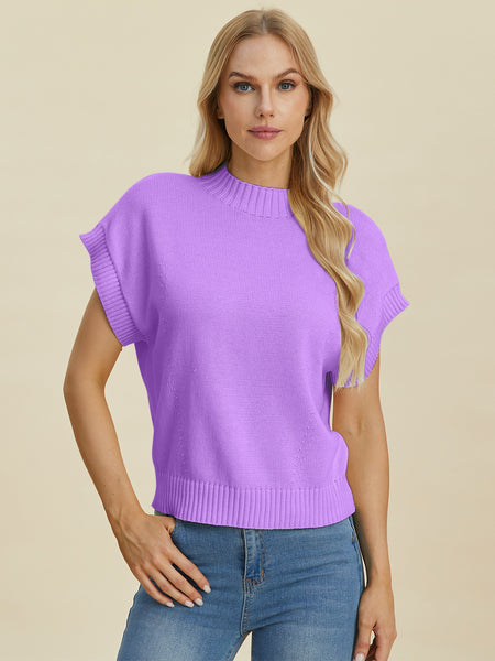 Double Take Full Size Mock Neck Short Sleeve Sweater