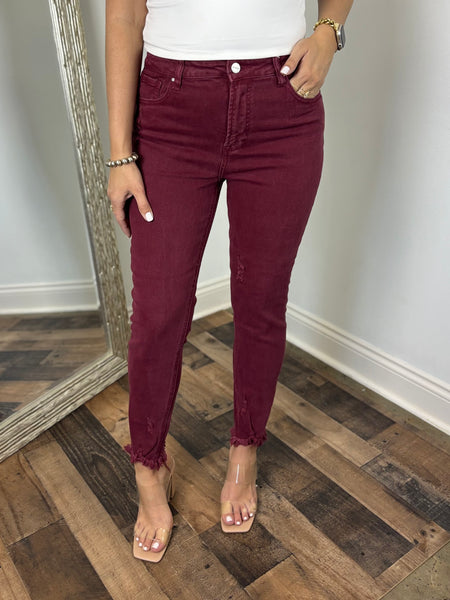 Wine Frayed Hem Skinny Jean - Risen